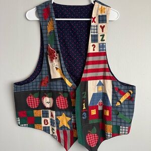 Handmade vintage teachers vest embroidered one size L XL 1X patchwork